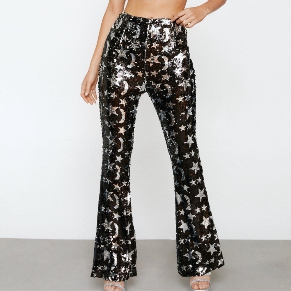 Sequin Pants Long Flare Leg Stars Moon Celestial New Years Holiday Party XS S M
